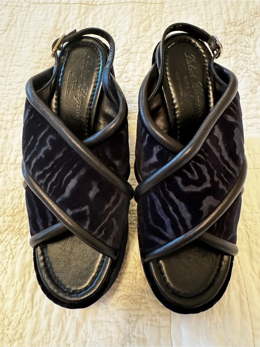 NEW Robert Clergerie Dark Blue Leather Velvet Platform Slingback Sandals
